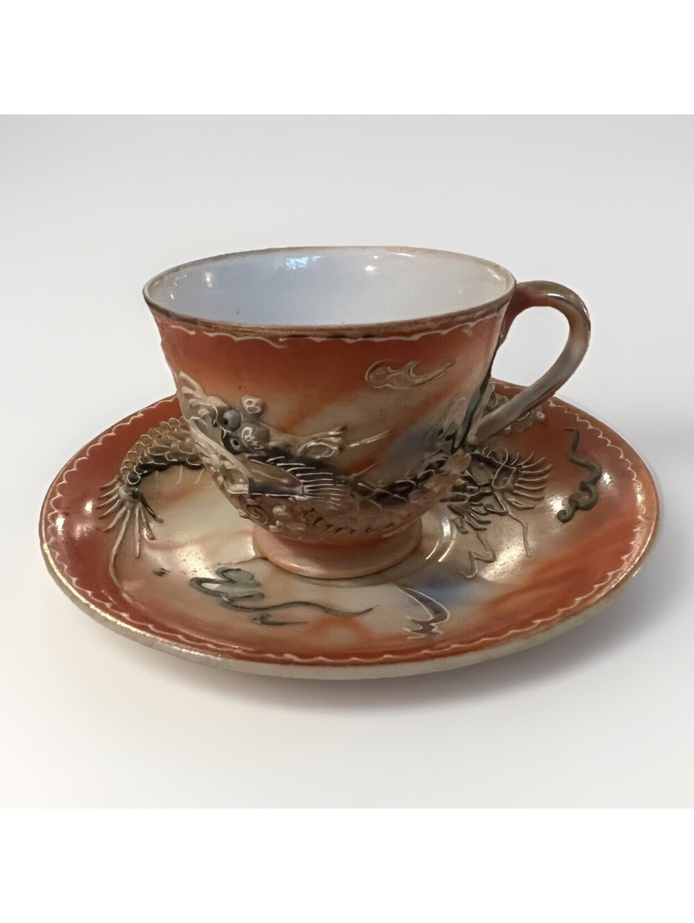 Japanese Moriage Dragonware Orange Teacup & Saucer Japan Dragon Gold Accent